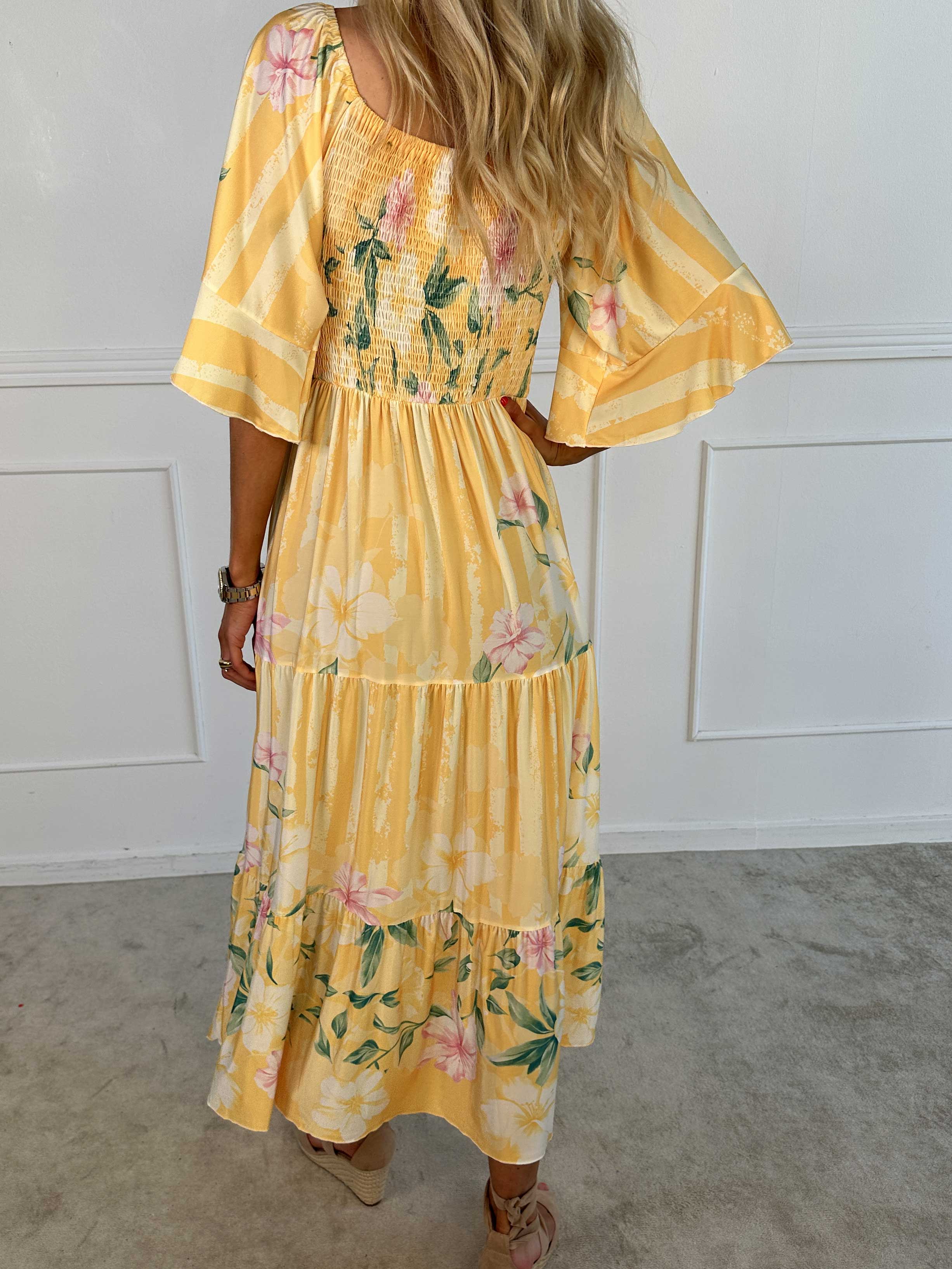 Elna Floral Stripe - Blommig elastisk klänning med smockat bröst